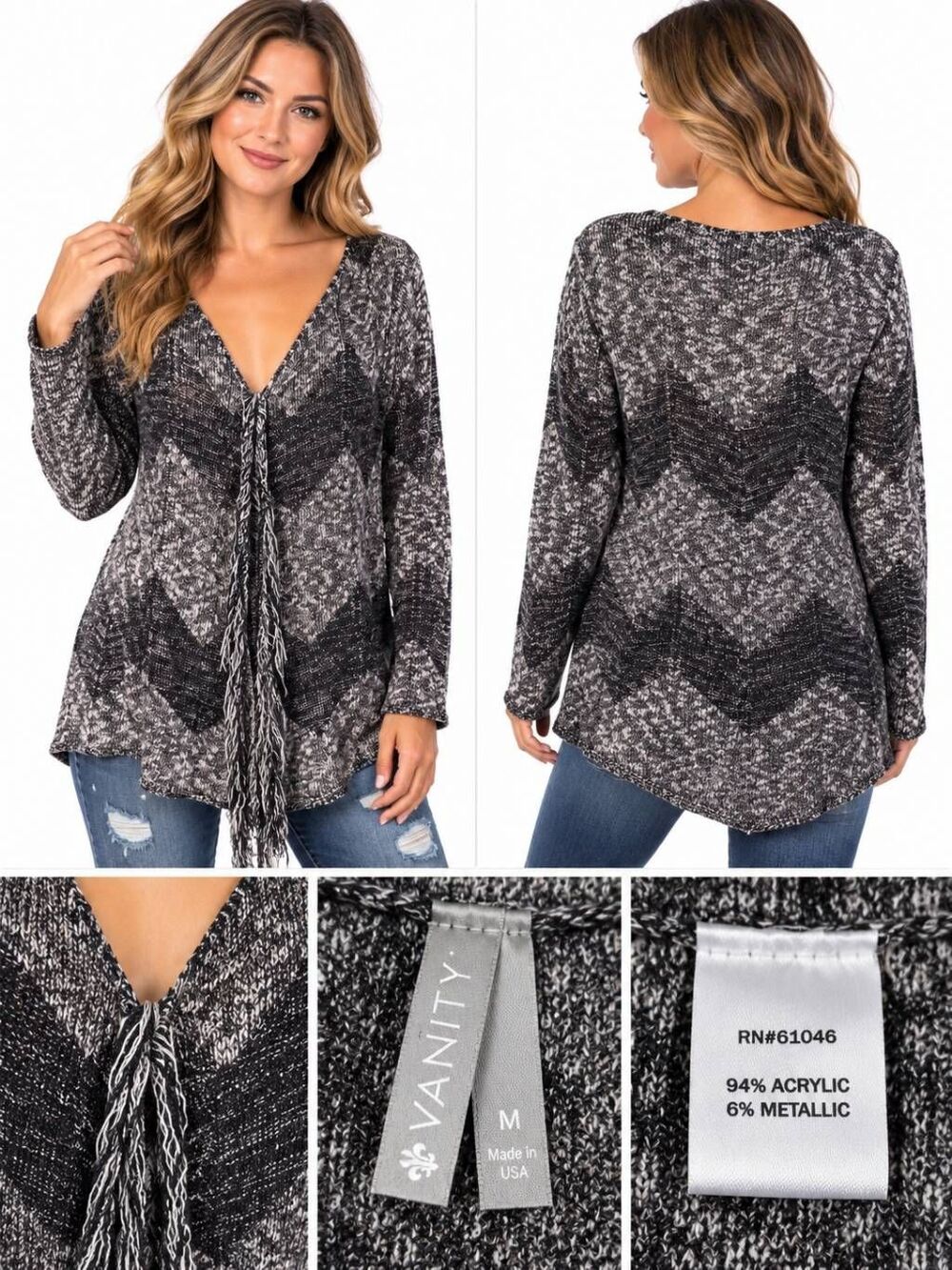 Vanity Women’s Metallic Fringe Open Front Cardigan Sweater Size S Black Silver